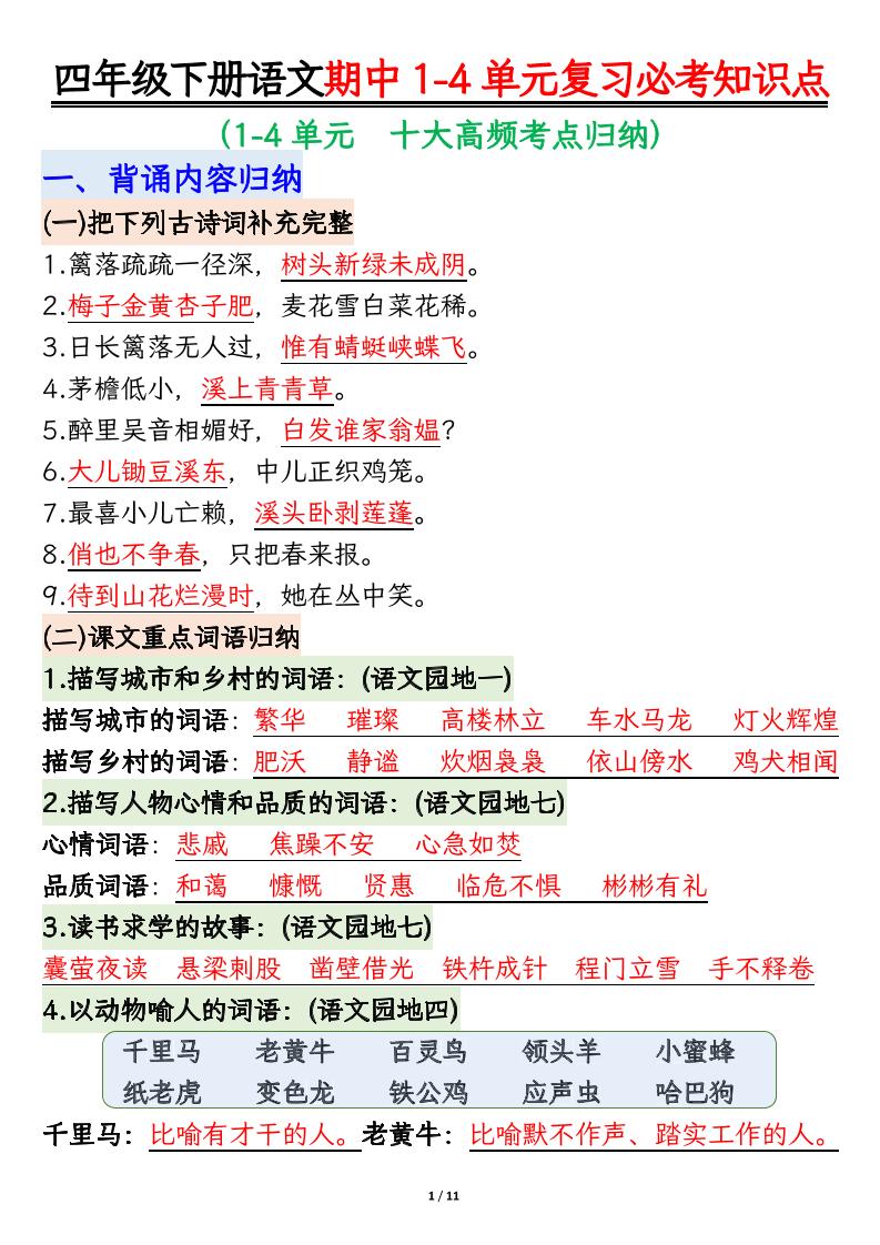 四年级下语文期中1-4单元复习必考知识点-为您提供全面学习资料信息资源学习资料自学网