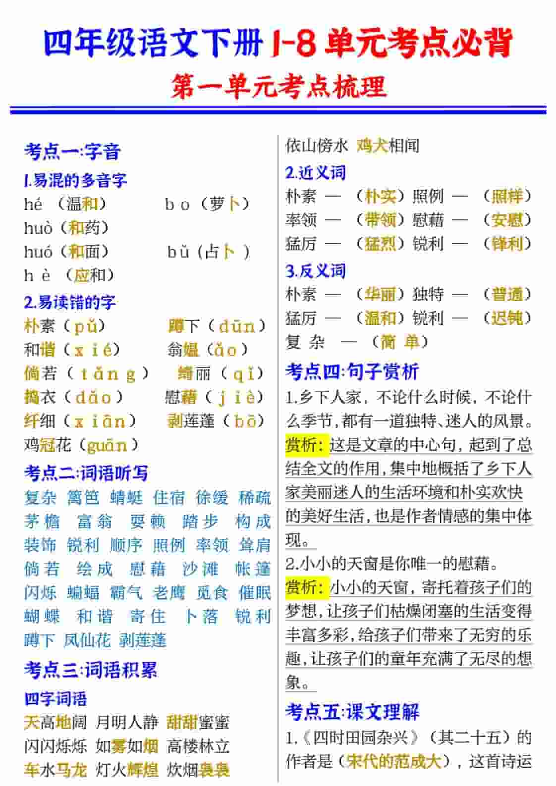 四年级(下）语文1-8单元考点必背-为您提供全面学习资料信息资源学习资料自学网