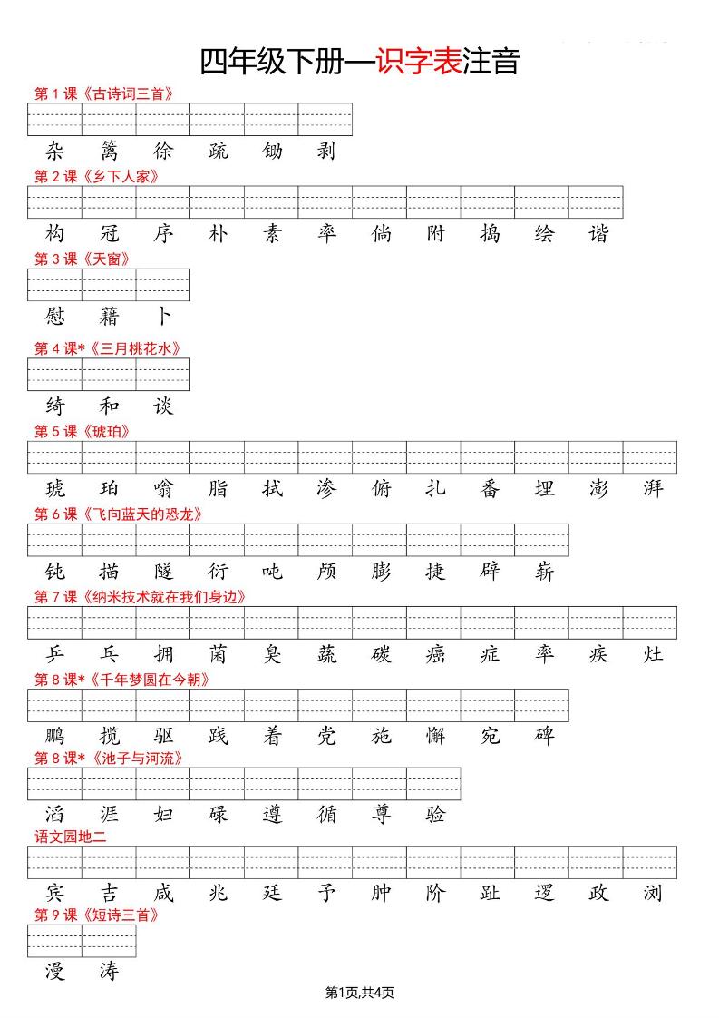 四年级下语文识字表注音-为您提供全面学习资料信息资源学习资料自学网