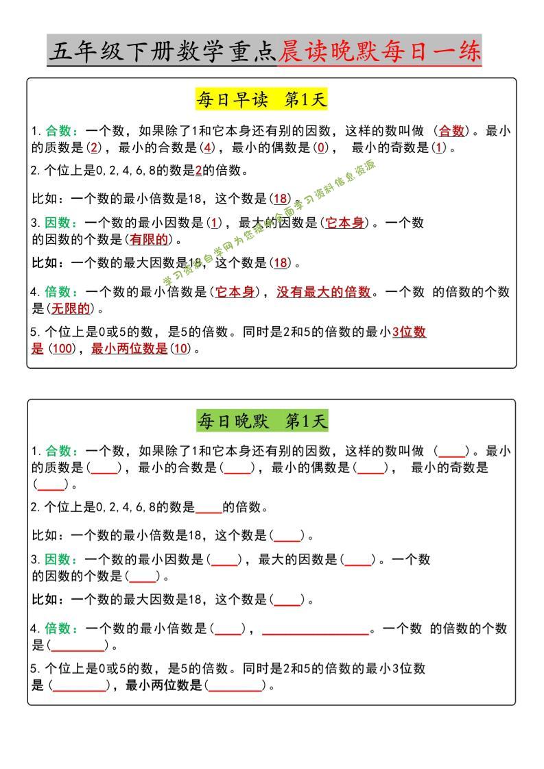 五年级下数学早读晚默（期中版）-为您提供全面学习资料信息资源学习资料自学网