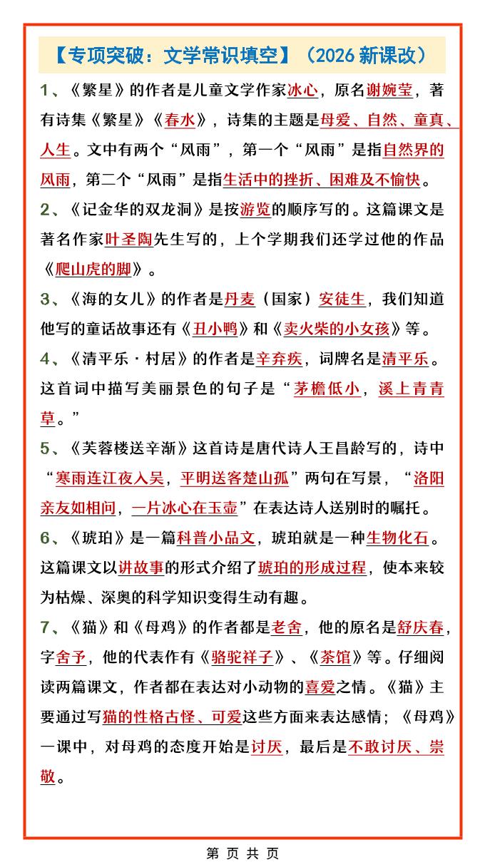四年级下语文文学常识填空专项-为您提供全面学习资料信息资源学习资料自学网