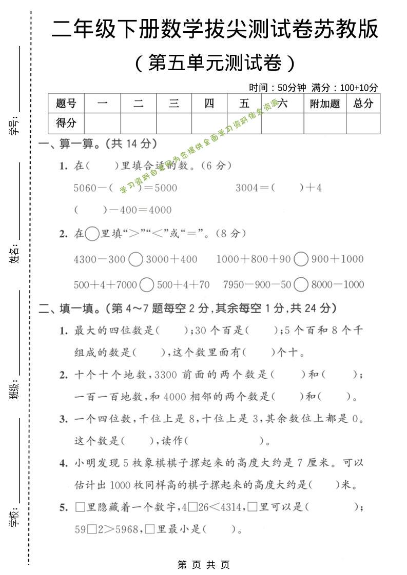 二年级下数学第五单元拔尖测试卷《苏教版》-为您提供全面学习资料信息资源学习资料自学网