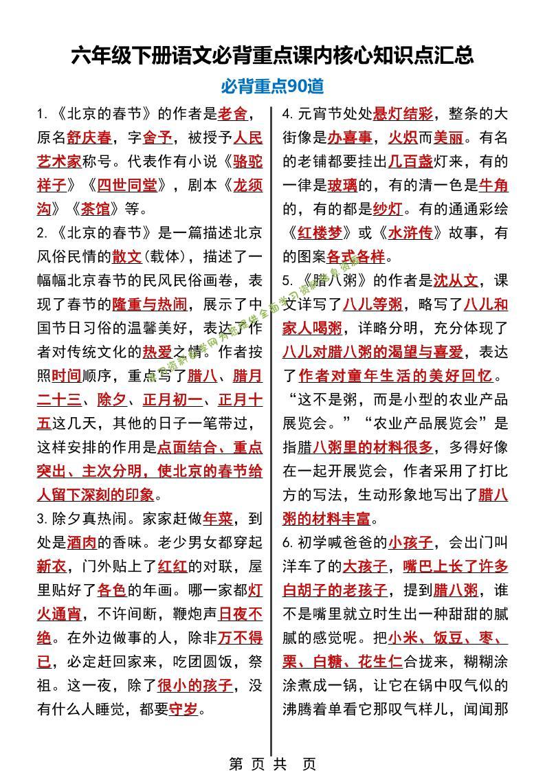 六年级下语文必背重点课内核心知识点汇总90道-为您提供全面学习资料信息资源学习资料自学网