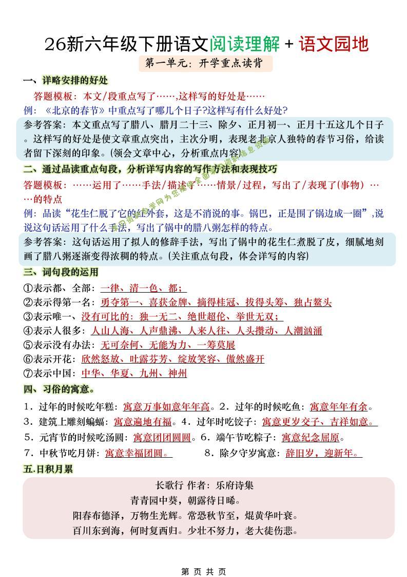 六年级下语文阅读理解＋语文园地-为您提供全面学习资料信息资源学习资料自学网