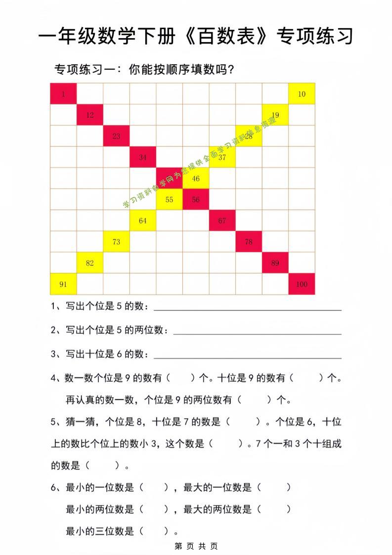 一年级下数学百数表专项练习2-为您提供全面学习资料信息资源学习资料自学网