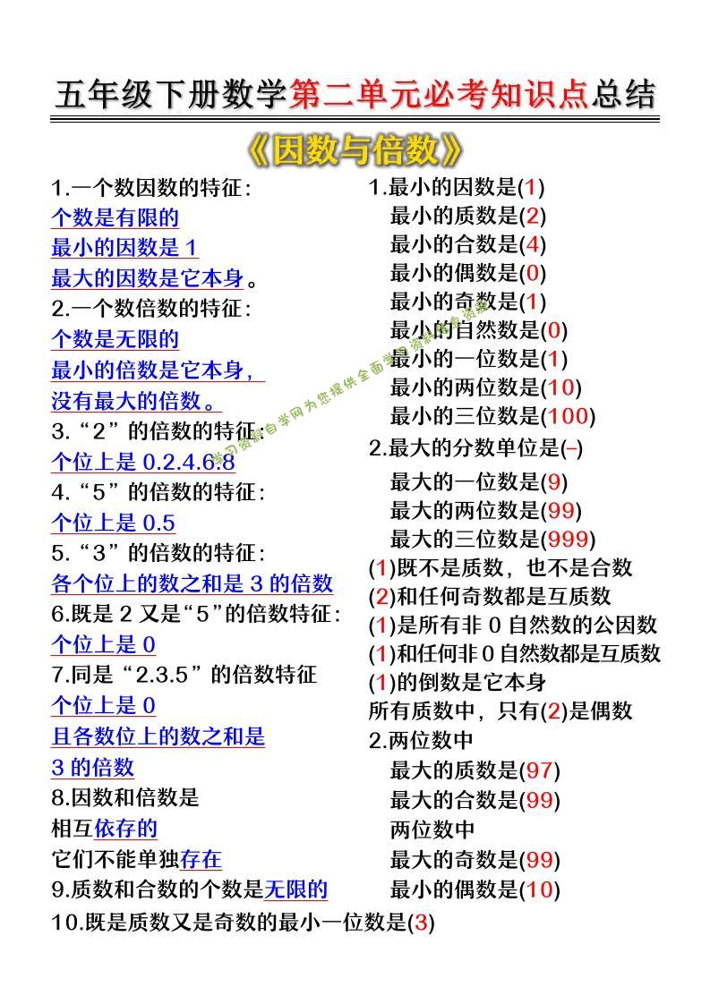 五年级下数学第二单元必考知识点总结-为您提供全面学习资料信息资源学习资料自学网