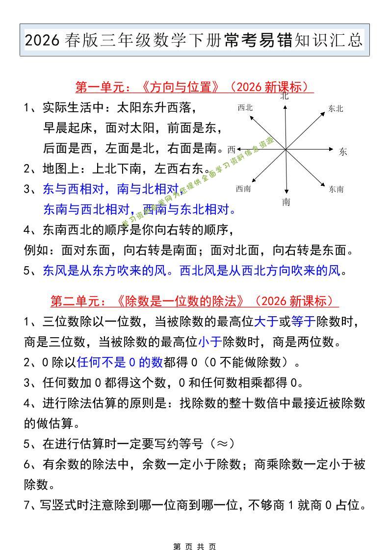 三年级下数学常考易错知识汇总《人教版》-为您提供全面学习资料信息资源学习资料自学网