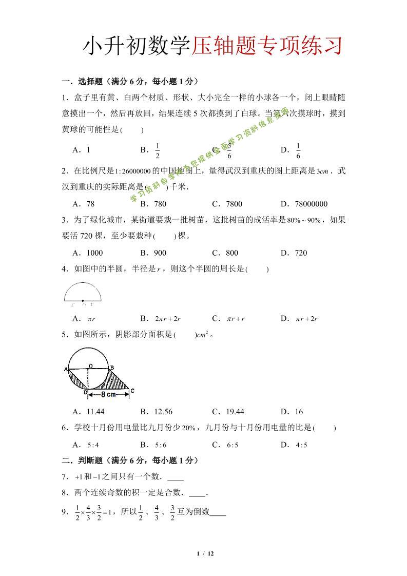 六年级下小升初数学压轴题专项练习-为您提供全面学习资料信息资源学习资料自学网