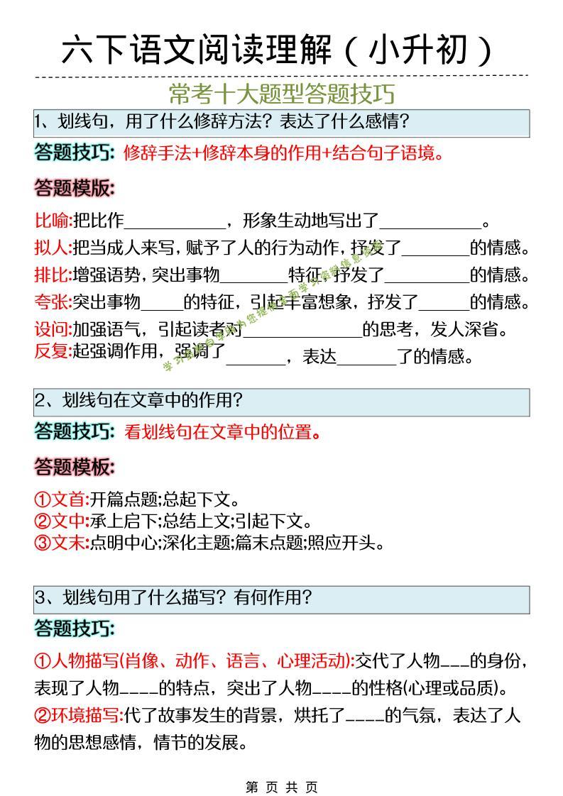 六年级下语文阅读理解答题技巧（小升初）-为您提供全面学习资料信息资源学习资料自学网
