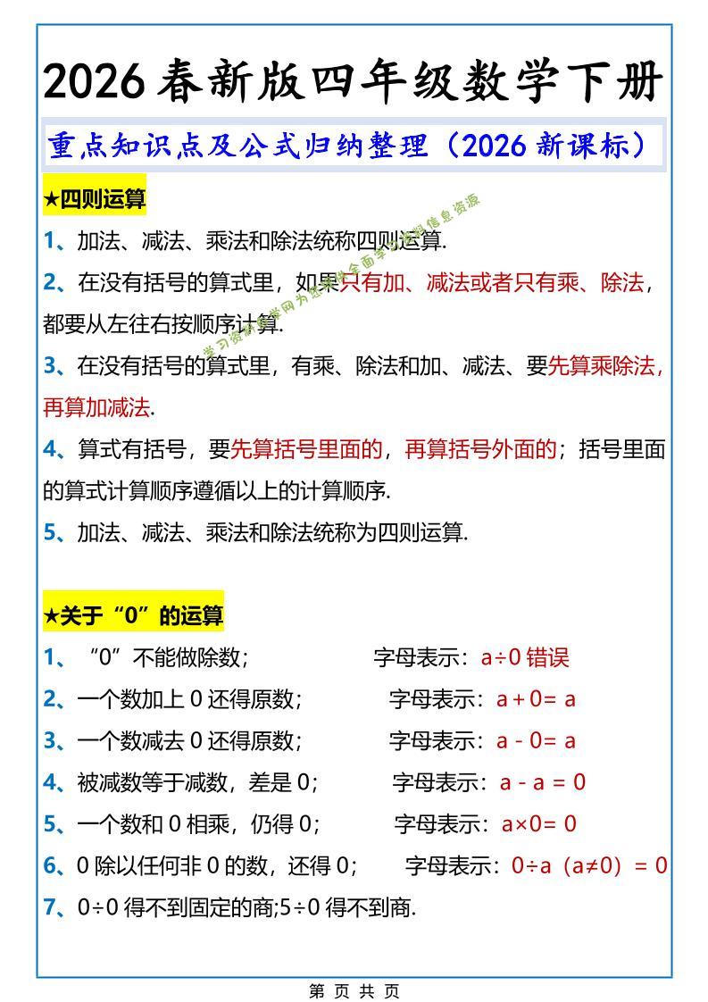 2026春新版四年级下数学重点知识点及公式《人教版》-为您提供全面学习资料信息资源学习资料自学网