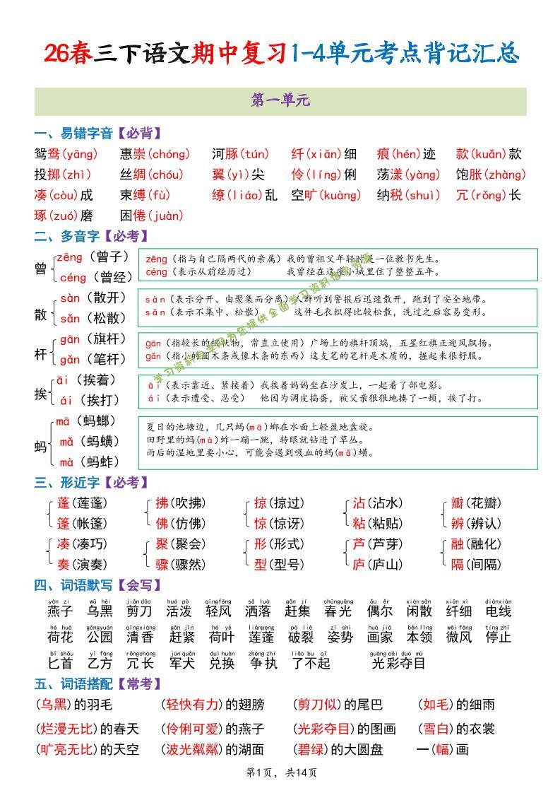 三年级下语文期中复习1-4单元考点背记汇总-为您提供全面学习资料信息资源学习资料自学网