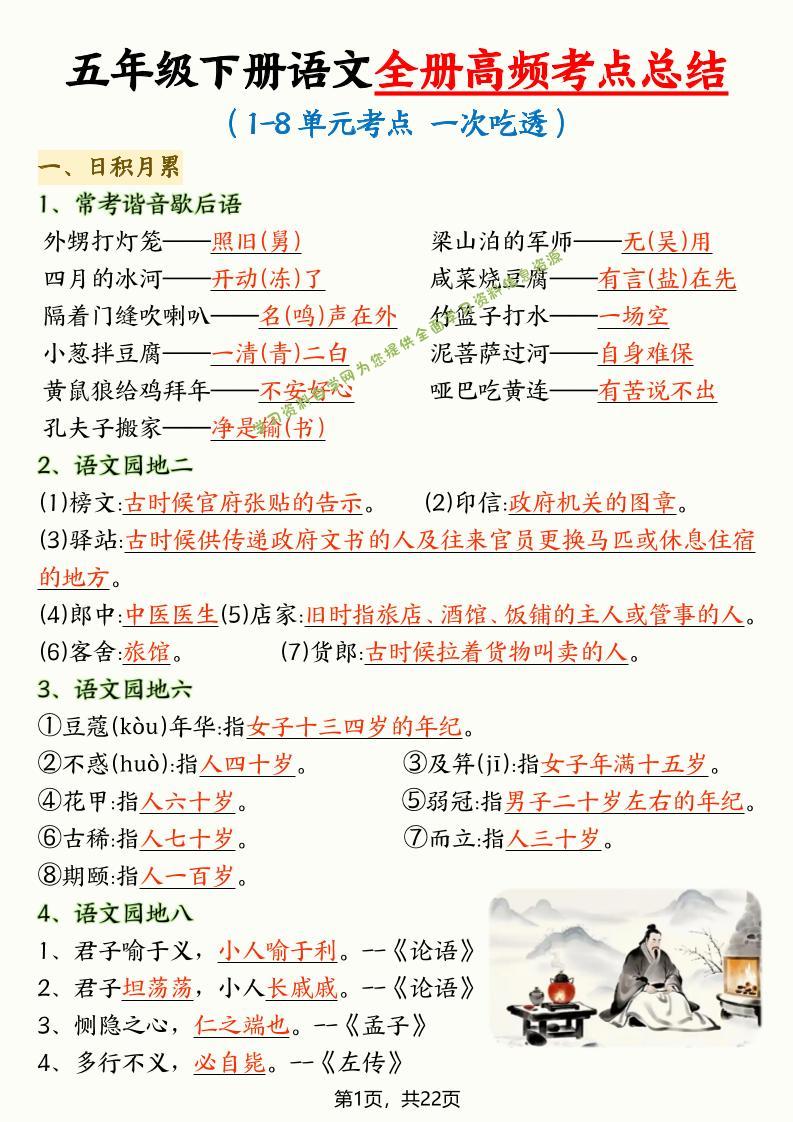 五年级下语文全册高频考点总结-为您提供全面学习资料信息资源学习资料自学网