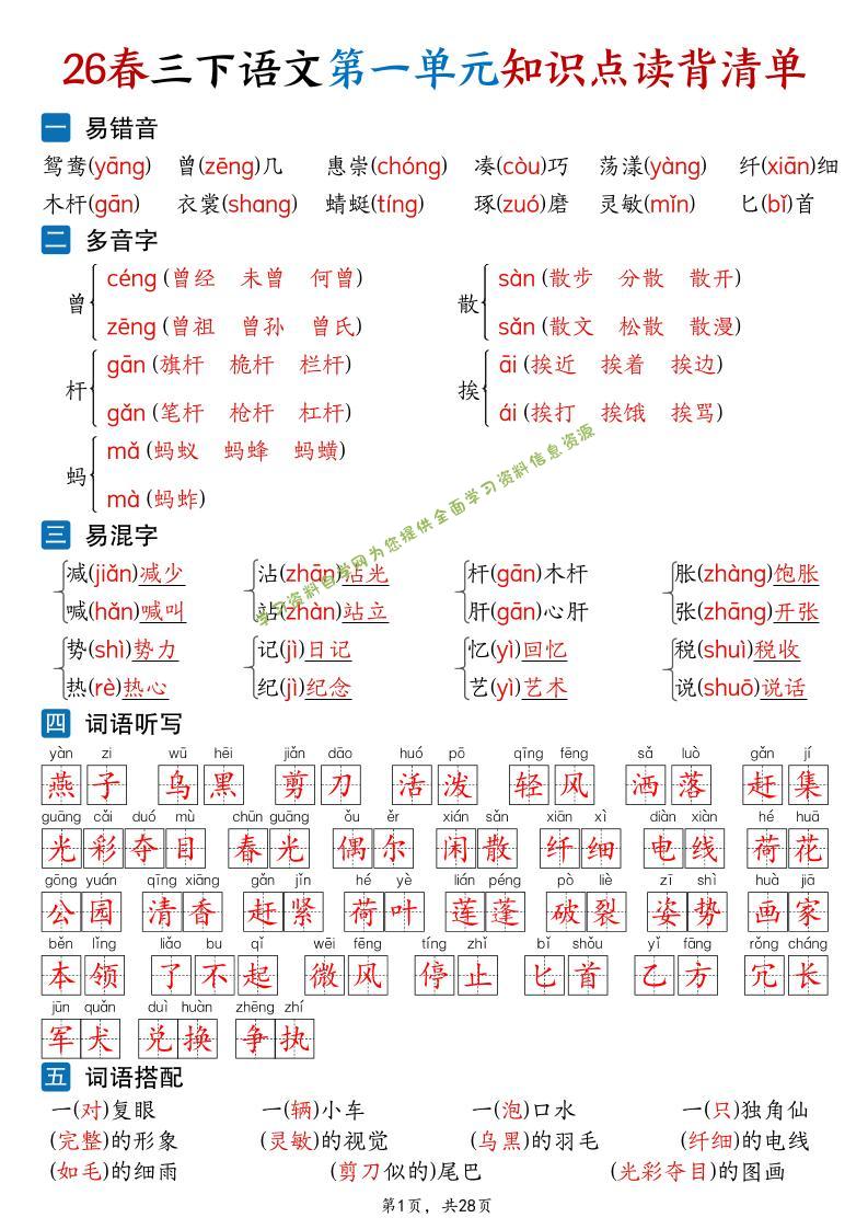 26新三年级下语文1-8单元知识点读背清单（28页）-为您提供全面学习资料信息资源学习资料自学网