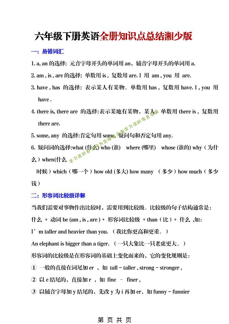 六年级下英语全册知识点总结《湘少版》-为您提供全面学习资料信息资源学习资料自学网