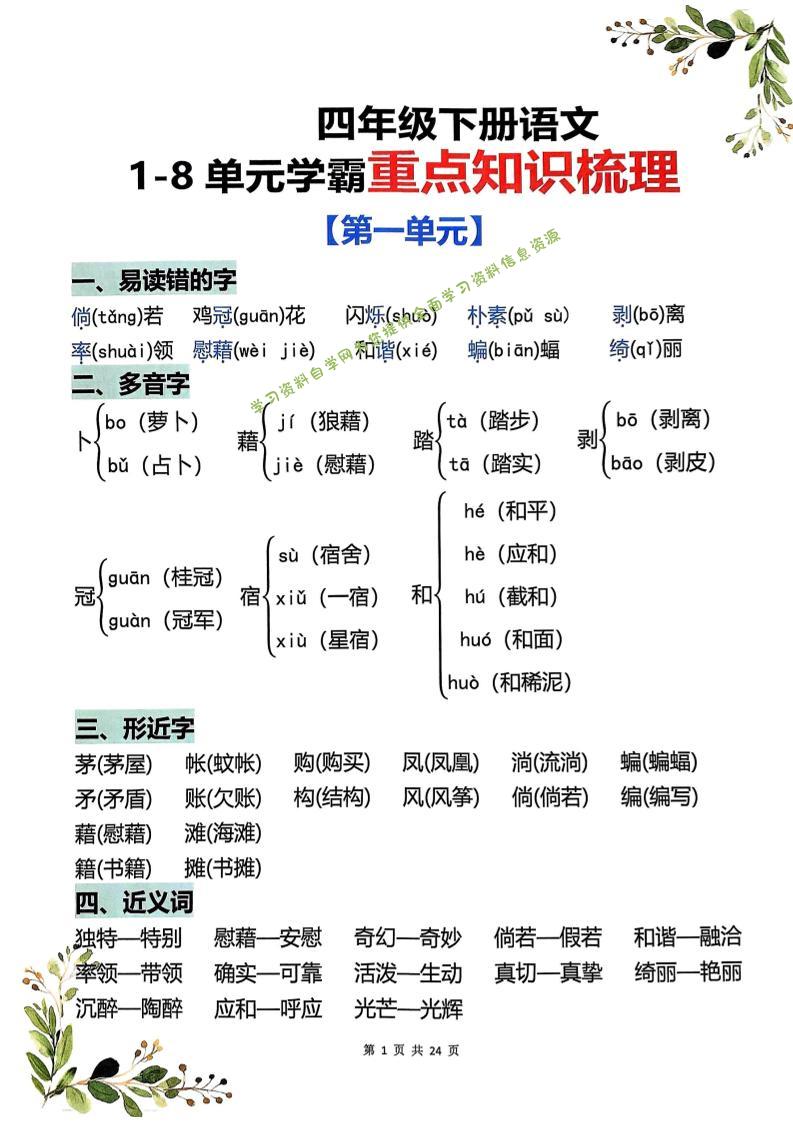 四年级下语文1-8单元学霸重点知识梳理-为您提供全面学习资料信息资源学习资料自学网