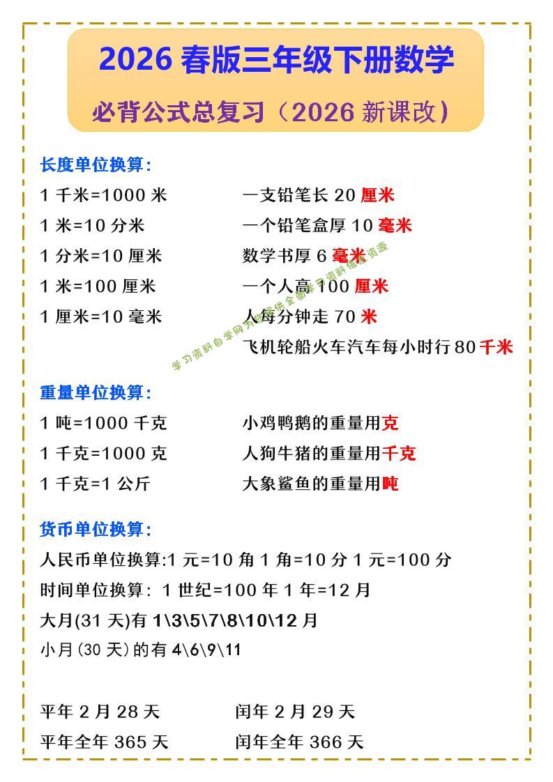 三年级下数学必背公式汇总《人教版》-为您提供全面学习资料信息资源学习资料自学网