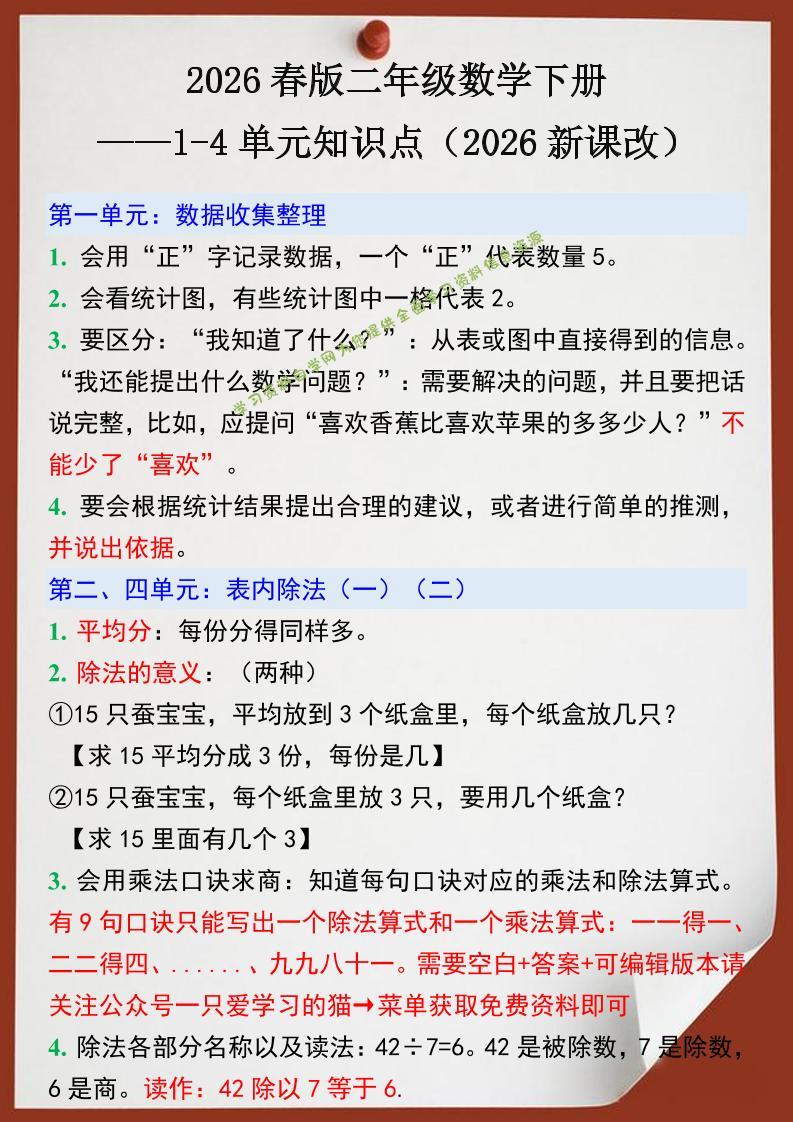 2026春新版二年级下数学1-4单元知识点《人教版》-为您提供全面学习资料信息资源学习资料自学网