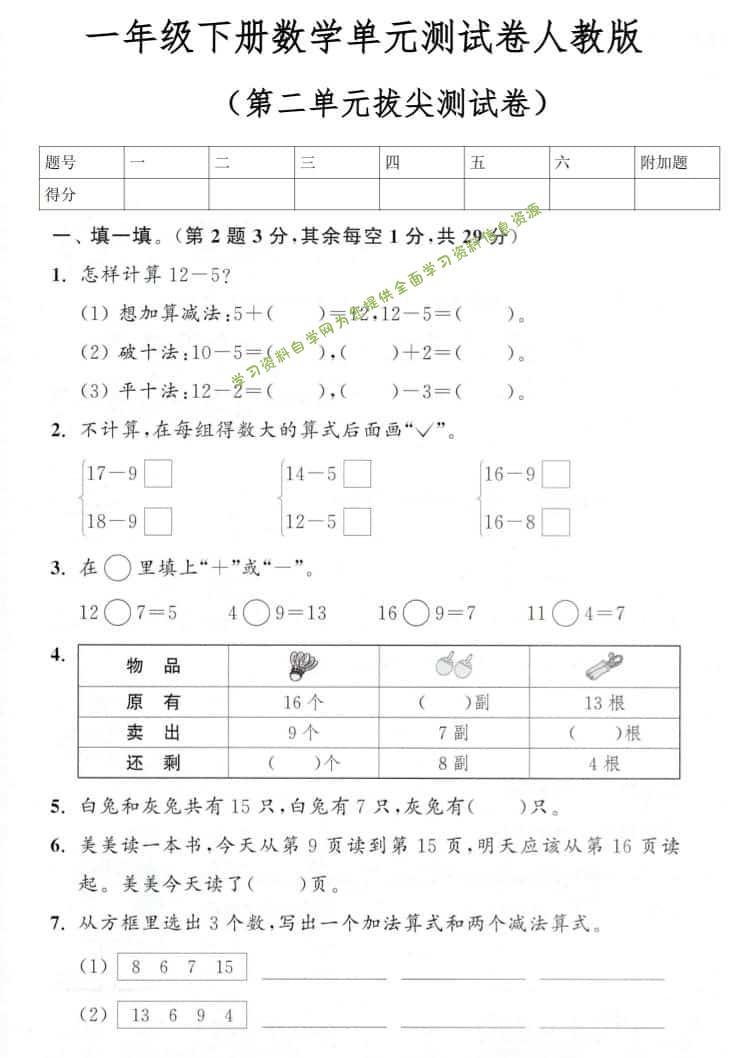 一年级下数学第二单元拔尖测试卷《人教版》-为您提供全面学习资料信息资源学习资料自学网