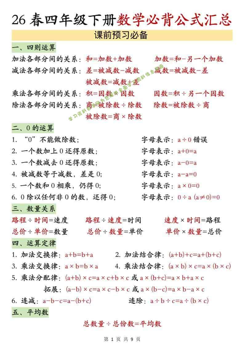 四年级下数学26春必背公式汇总-为您提供全面学习资料信息资源学习资料自学网