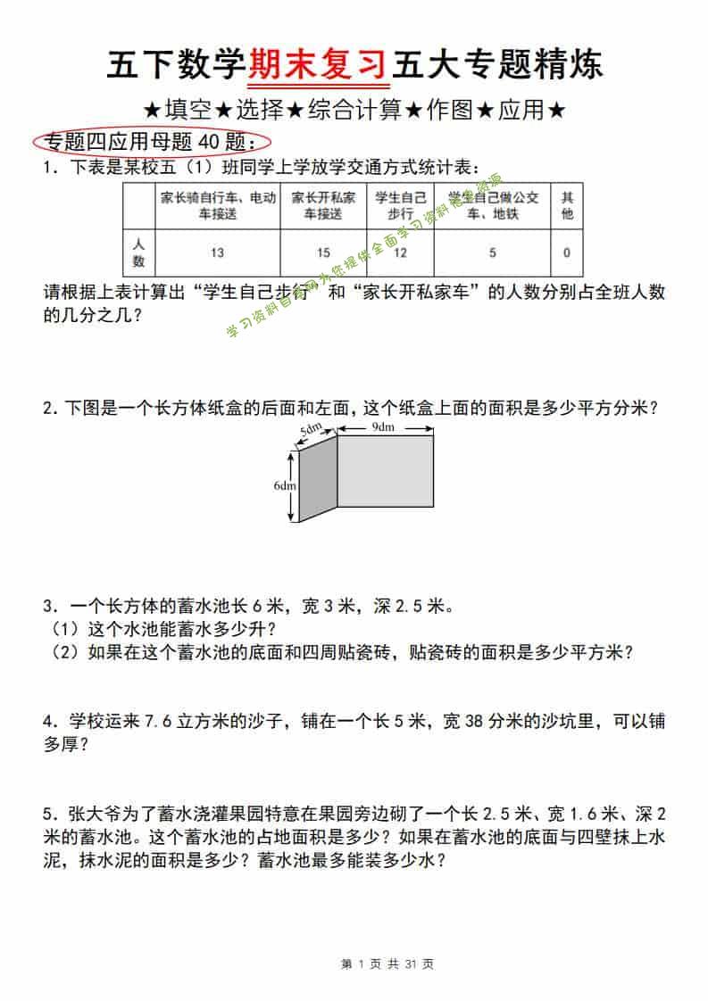 五年级下数学期末复习五大专题精炼（专题四：应用）-为您提供全面学习资料信息资源学习资料自学网
