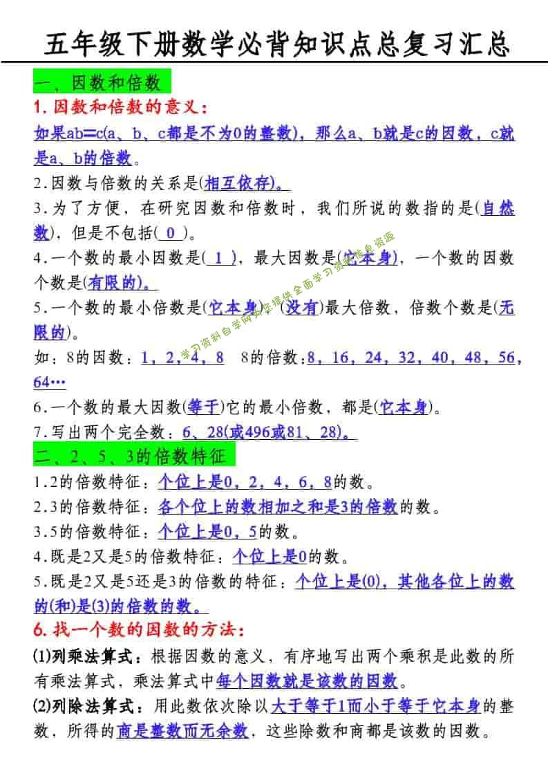 五年级下数学必背知识点总复习汇总-为您提供全面学习资料信息资源学习资料自学网