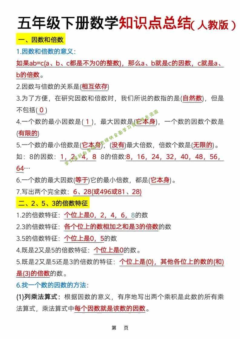 五年级下数学知识点总结《人教版》-为您提供全面学习资料信息资源学习资料自学网