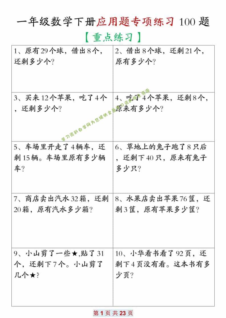 一年级下数学应用题专项练习100题-为您提供全面学习资料信息资源学习资料自学网
