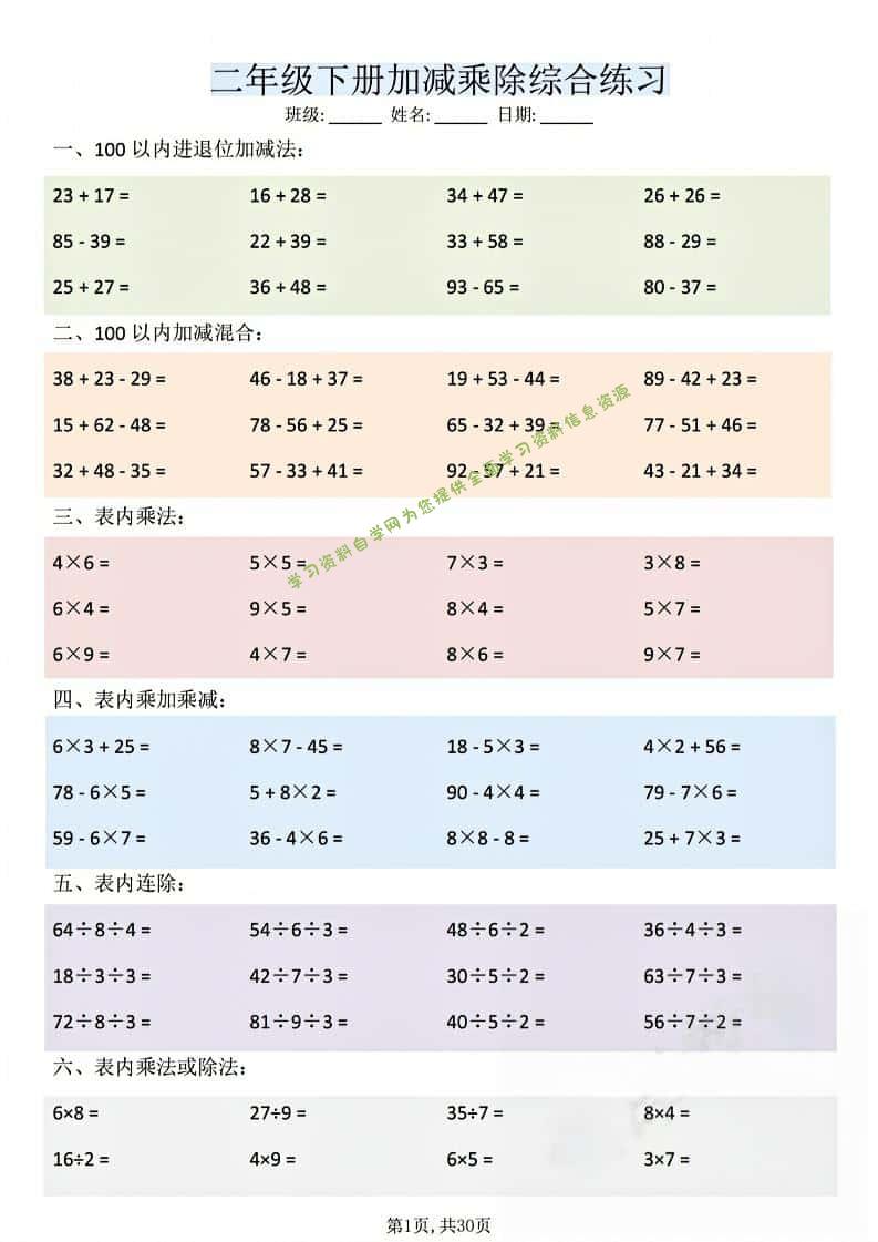 二年级下数学加减乘除综合练习-为您提供全面学习资料信息资源学习资料自学网