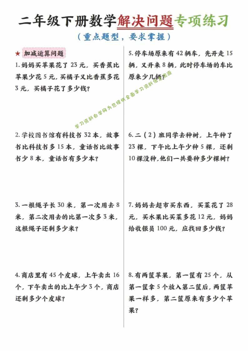 二年级下数学解决问题专项练习-为您提供全面学习资料信息资源学习资料自学网