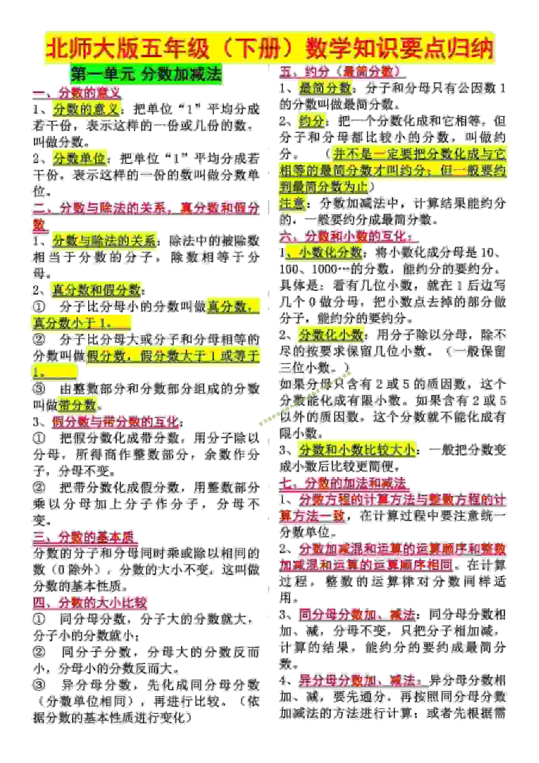 五年级下数学知识点归纳《北师版》-为您提供全面学习资料信息资源学习资料自学网