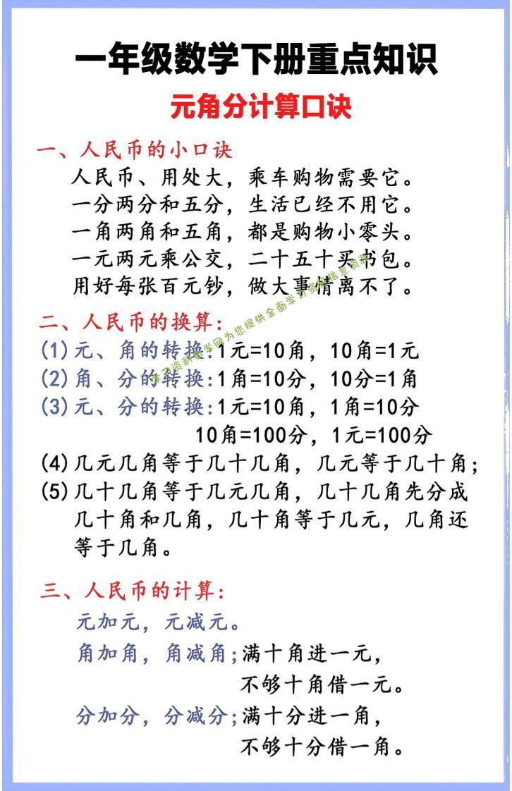 一年级下数学重点知识汇总-为您提供全面学习资料信息资源学习资料自学网