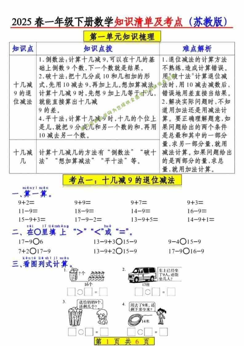 一年级下数学知识清单及考点《苏教版》（衔接版）-为您提供全面学习资料信息资源学习资料自学网