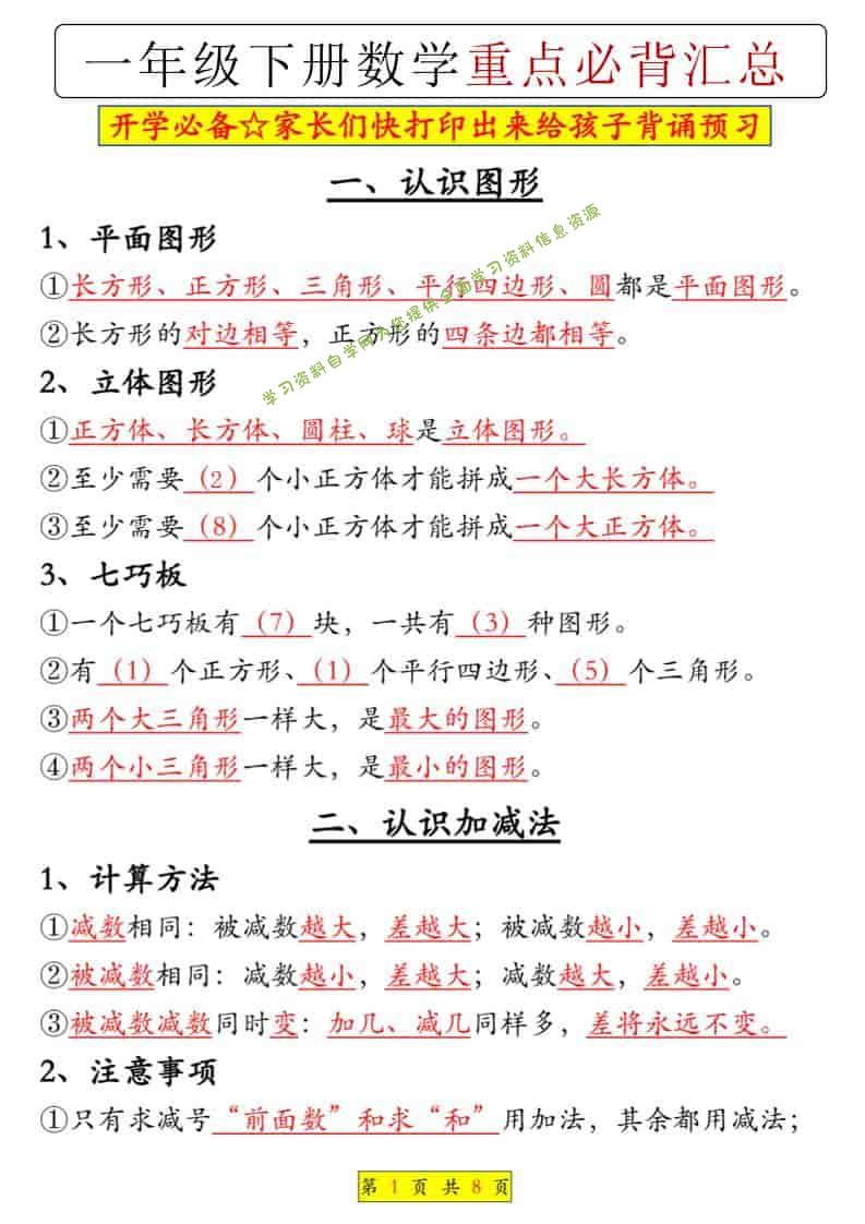 一年级下数学重点必背汇总-为您提供全面学习资料信息资源学习资料自学网