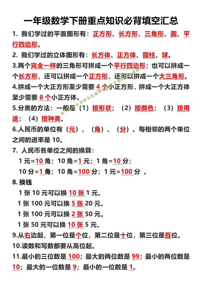 一年级下数学重点必背填空汇总-为您提供全面学习资料信息资源学习资料自学网