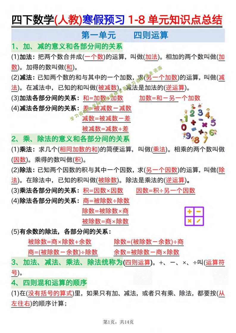 26春四下人教数学寒假预习1-8单元知识点总结14页-为您提供全面学习资料信息资源学习资料自学网