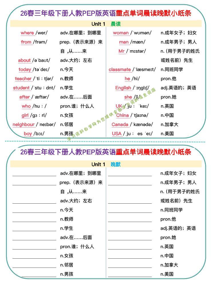 新三下人教pep英语单词晨读晚默小纸条-为您提供全面学习资料信息资源学习资料自学网