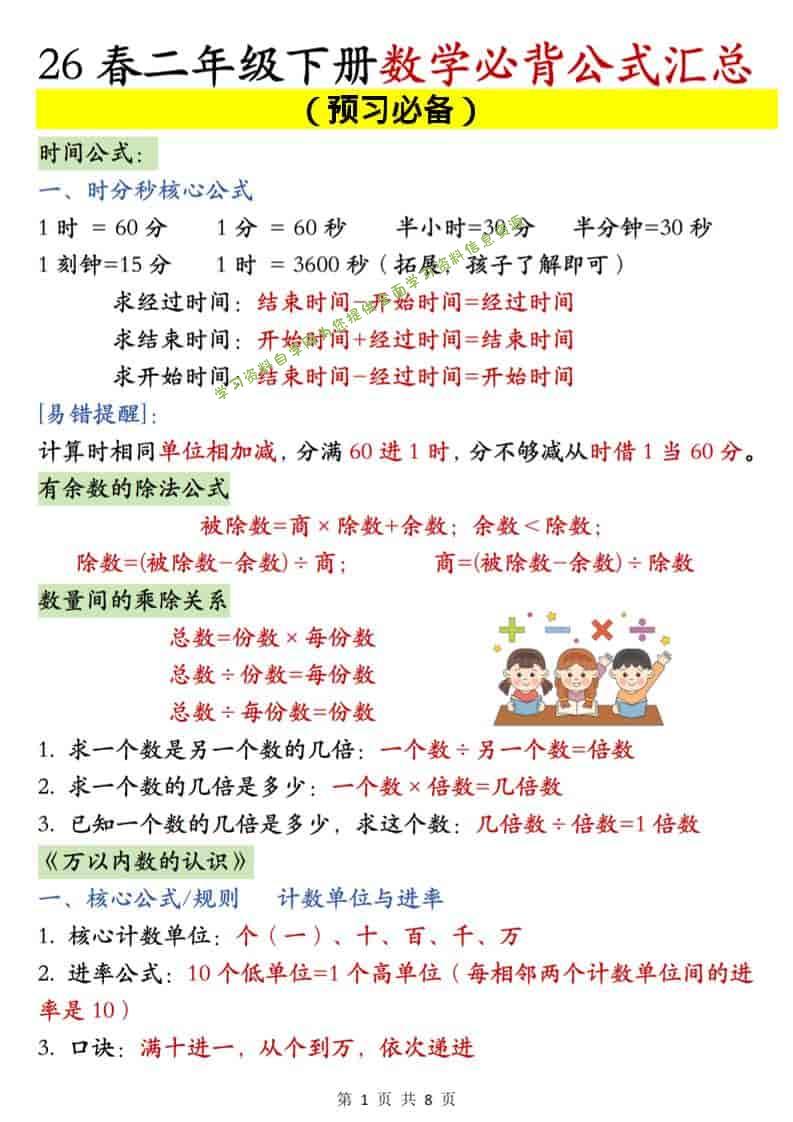 二年级下数学必背公式汇总《人教版》-为您提供全面学习资料信息资源学习资料自学网