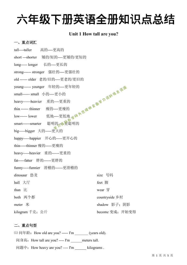 六年级下英语全册知识总结《人教版PEP》-为您提供全面学习资料信息资源学习资料自学网