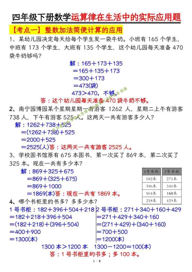 四年级下数学运算律的生活实际应用专项练习-为您提供全面学习资料信息资源学习资料自学网