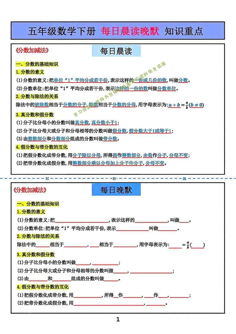 五年级下数学每日一练重点知识《北师版》-为您提供全面学习资料信息资源学习资料自学网