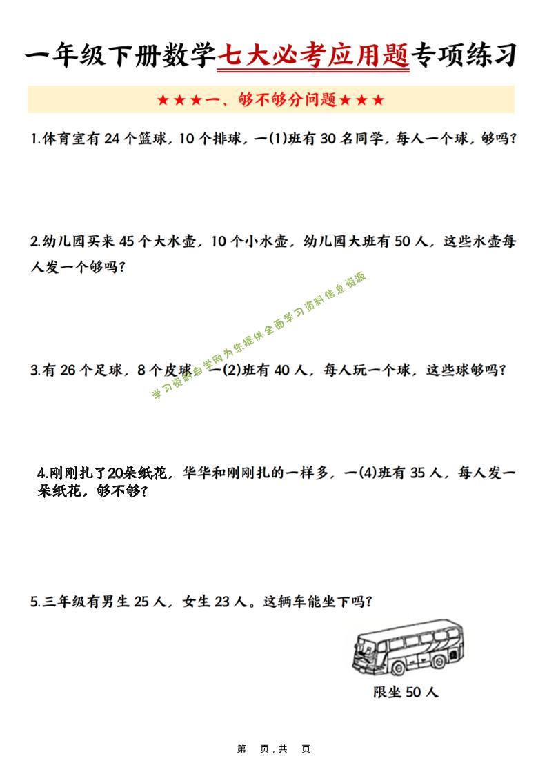一年级下数学七大必考应用题专项练习-为您提供全面学习资料信息资源学习资料自学网