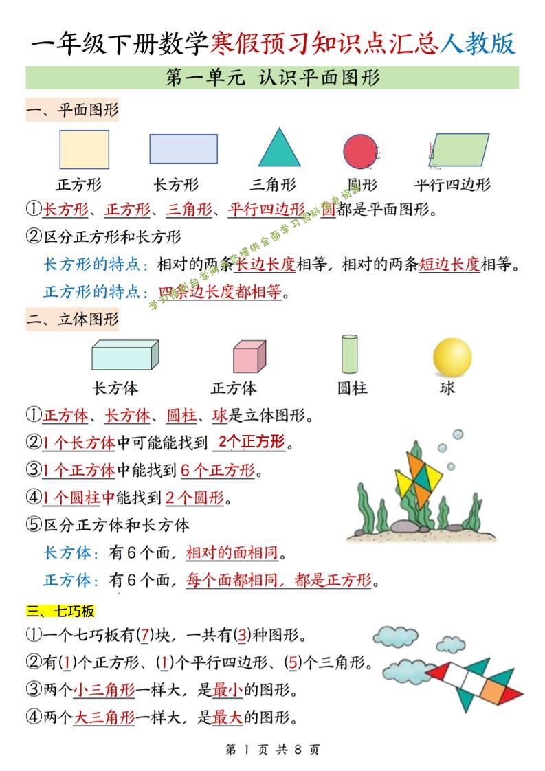26春一下人教数学《寒假预习全册知识点汇总》-为您提供全面学习资料信息资源学习资料自学网