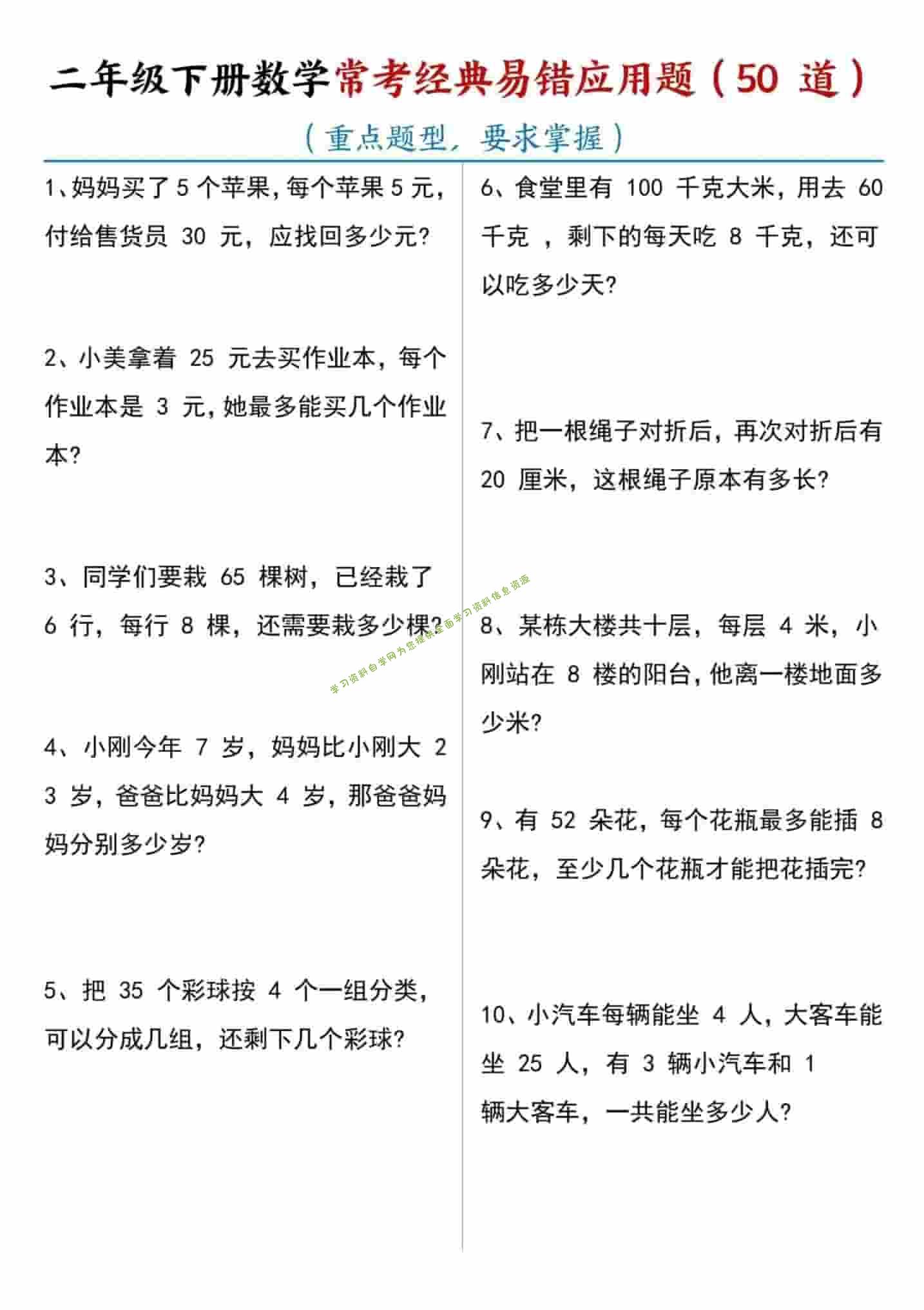 二年级下数学常考易错应用题（50道）-为您提供全面学习资料信息资源学习资料自学网
