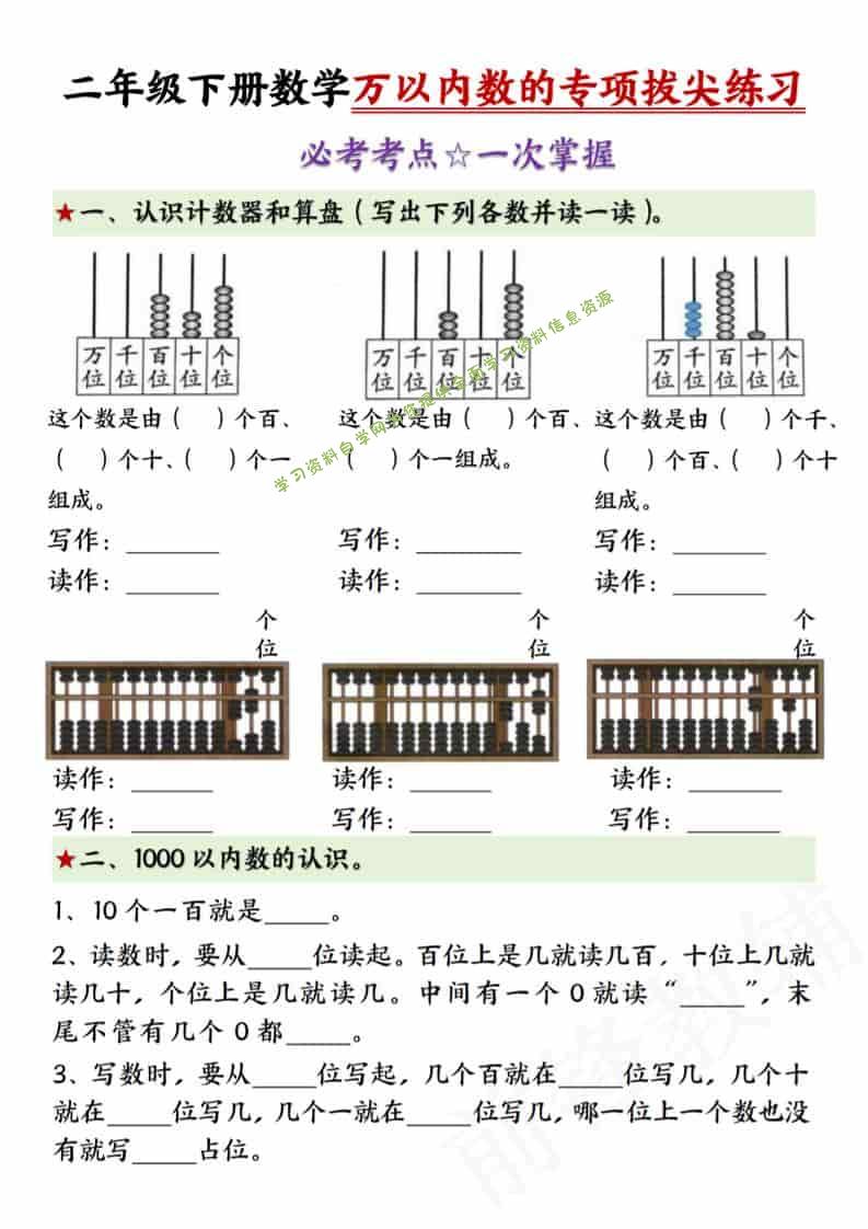 二年级下数学万以内数的专项拔尖练习-为您提供全面学习资料信息资源学习资料自学网