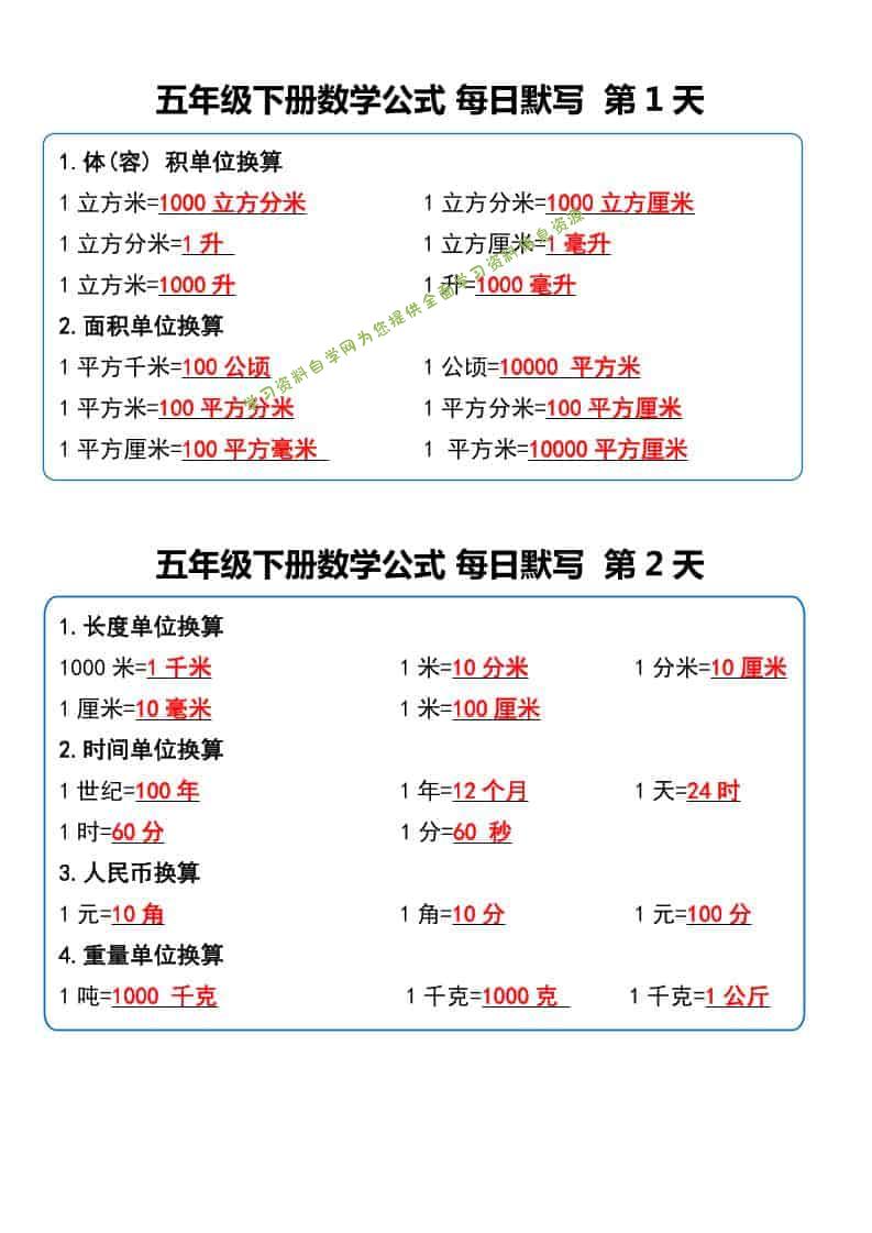五年级下数学数学公式每日默写小纸条-为您提供全面学习资料信息资源学习资料自学网