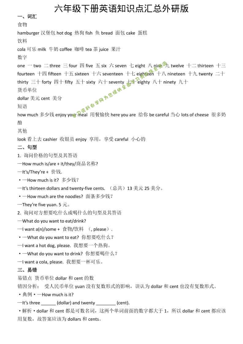 六年级下英语知识点汇总《外研版》-为您提供全面学习资料信息资源学习资料自学网