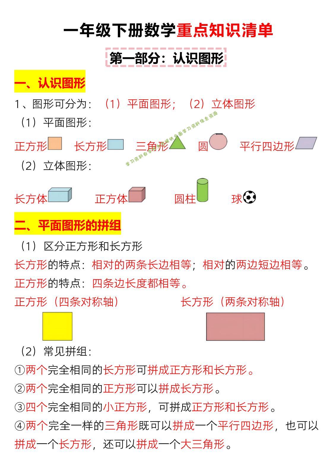 一年级下数学重难点知识点梳理-为您提供全面学习资料信息资源学习资料自学网