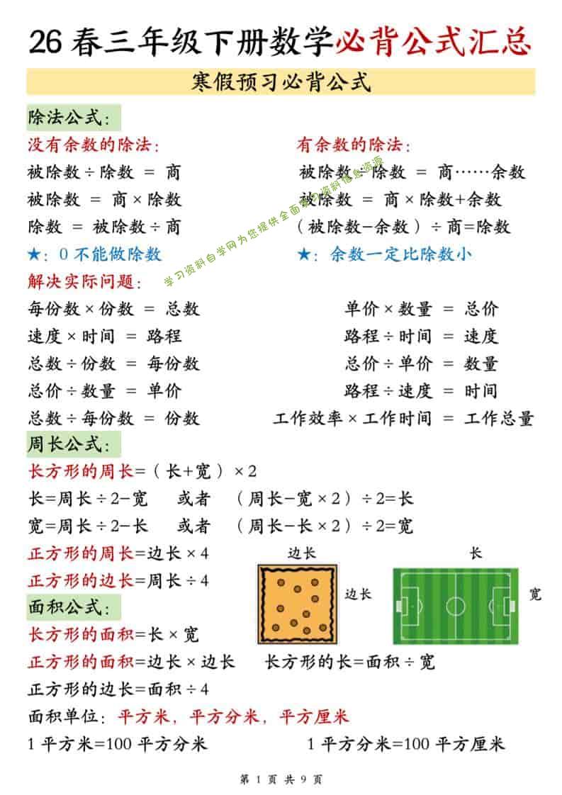 三年级下数学26春必背公式汇总-为您提供全面学习资料信息资源学习资料自学网