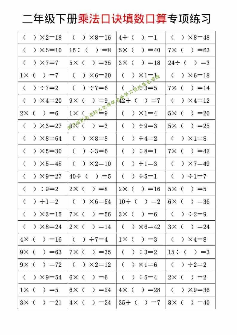 二年级下数学乘法口诀和混合运算专项练习-为您提供全面学习资料信息资源学习资料自学网