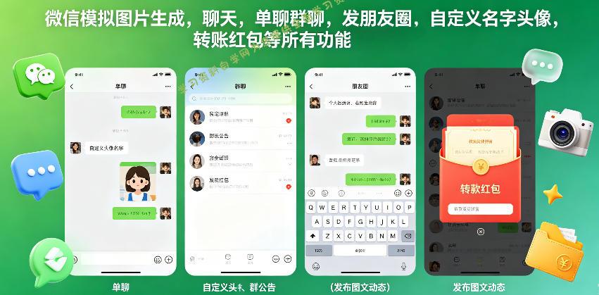 微信模拟图片生成，聊天，单聊群聊，发朋友圈，自定义名字头像，转账红包等所有功能都可以生成-为您提供全面学习资料信息资源学习资料自学网